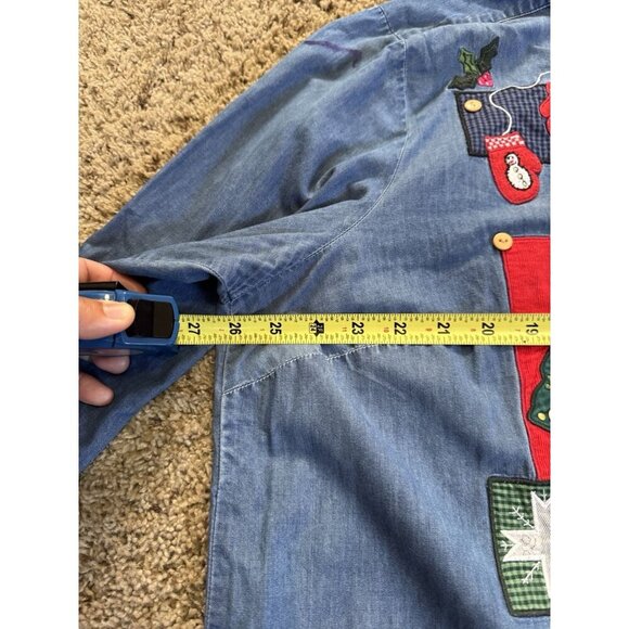 KAREN SCOTT Chambray Button Shirt Cord Collar Christmas Santa Stockings 2X READ - Picture 9 of 10